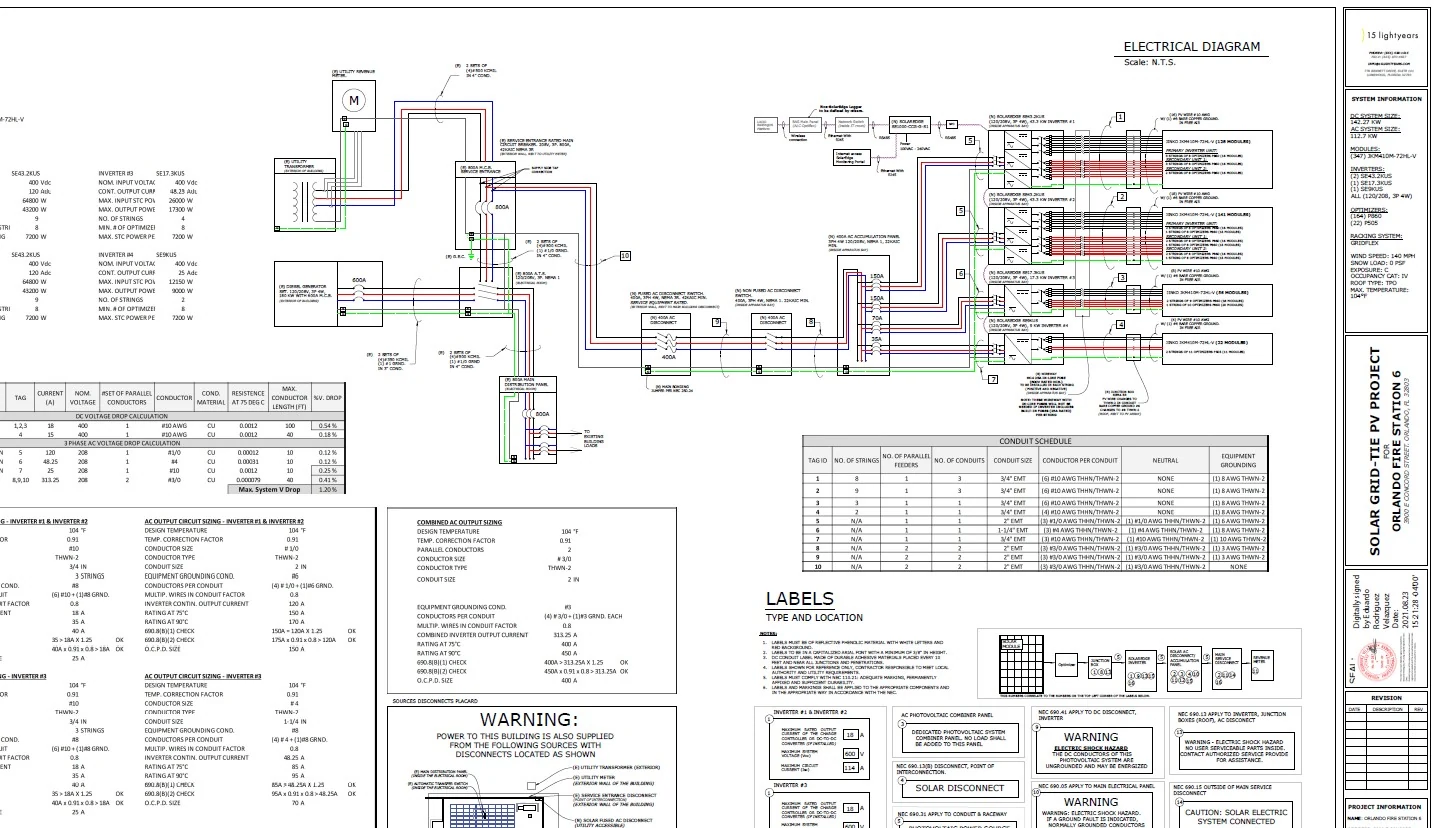 Full electrical one-line diagram for Orlando Fire Station 6 with conduit schedule and calculations