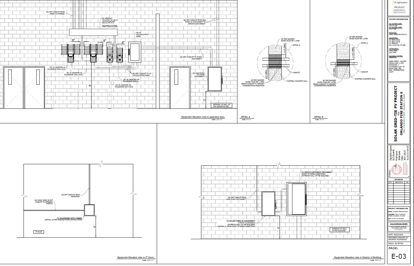 Sheet E-03 showing equipment elevations and fire barrier penetration details