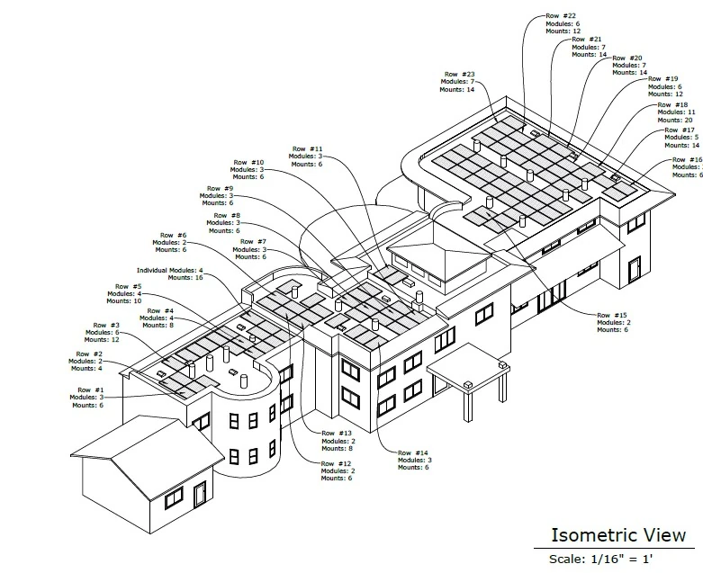Isometric drawing of a multi-roof estate array with twenty-three module rows