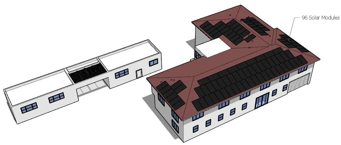 Design model of a 96-module array across two commercial buildings