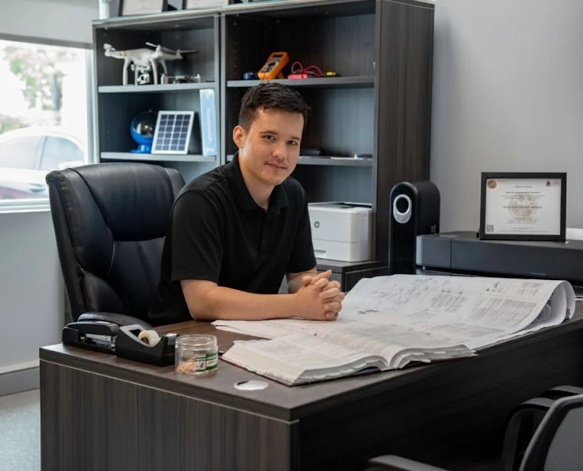 Eduardo Rodriguez reviewing a plan set at his desk